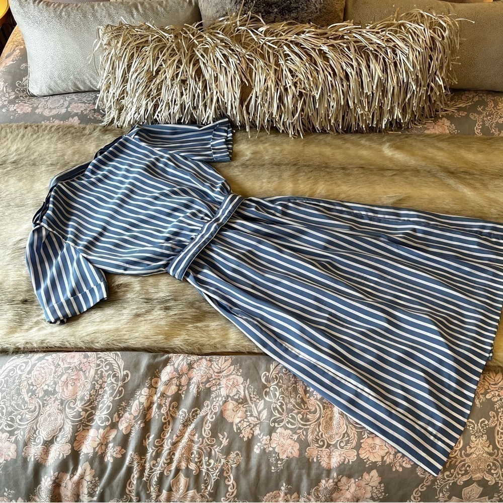 True 80sVintage DIANE VON FURSTENBERG Blue White Strips DVF Midi Wrap Dress 12 - Picture 16 of 17